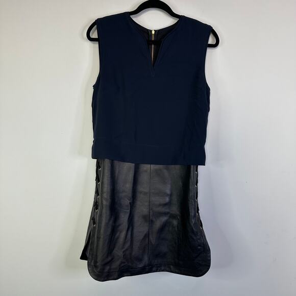 Tibi Lamb Leather Navy & Black Mini Sheath Dress Women’s Size 6 - Picture 2 of 10